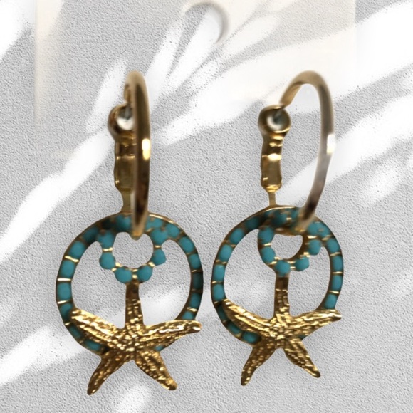 Turquoise Gold & White crystal Starfish & hoop dangle earrings wear many ways - Picture 6 of 9